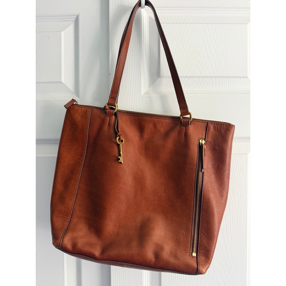Fossil Leather Tote Bag Brown Top Zip Key Charm Shoulder Purse Work Bag